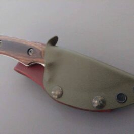 a Vertical Kydex Sheath for Benchmade Hidden Canyon Hunter with a wooden handle on a white surface.