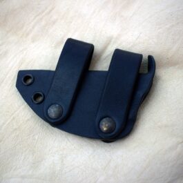 A black Scout Style Kydex Sheath for Benchmade Hidden Canyon Hunter Style 2 with two holes in it.