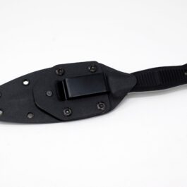A Kydex sheath for the Benchmade Fixed Infidel with a black handle on a white surface.