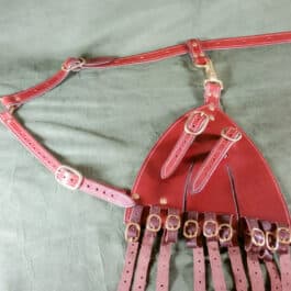 a pink and red leather horse bridle on a bed.