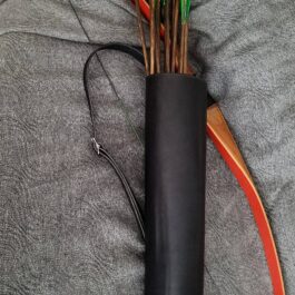 a black Basic Back Quiver with arrows laid on a cloth - renaissance clothing - renaissance clothing men - renaissance clothing women - renaissance clothing near me - renaissance costume ideas - sword baldrics - baldrics leather - baldric belt