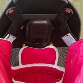 a close up of Stitched Leather Back Of the Head Protection with a camera attached to it.