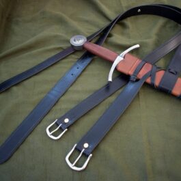 A Integrated Sword Belt with a leather sheath attached to it.