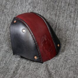 A close up of a black and red Stitched Leather Back Of the Head Protection.
