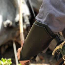 A close up of a person's foot wearing Gondorian Vambraces.