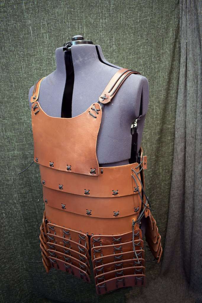 A Samurai Style Torso Armor made of leather and leather straps.