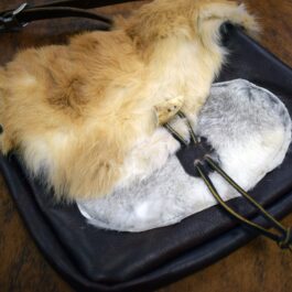 A cat laying on top of The Eastern legend Satchel on a table.