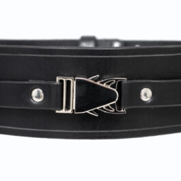A handmade Leather Space Wizard belt with a metal buckle.