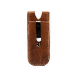 a Handmade Leather Pocket Slip With Clip for a cell phone.
