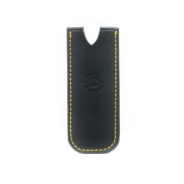 A black handmade bison leather pocket slip with yellow stitching.