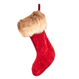 a red leather christmas stocking on a white background