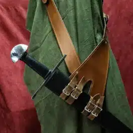 A person wearing a Ranger Baldric and holding a sword.