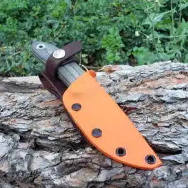 a Kydex sheath for the Benchmade Pardue Hunter resting on a tree branch.