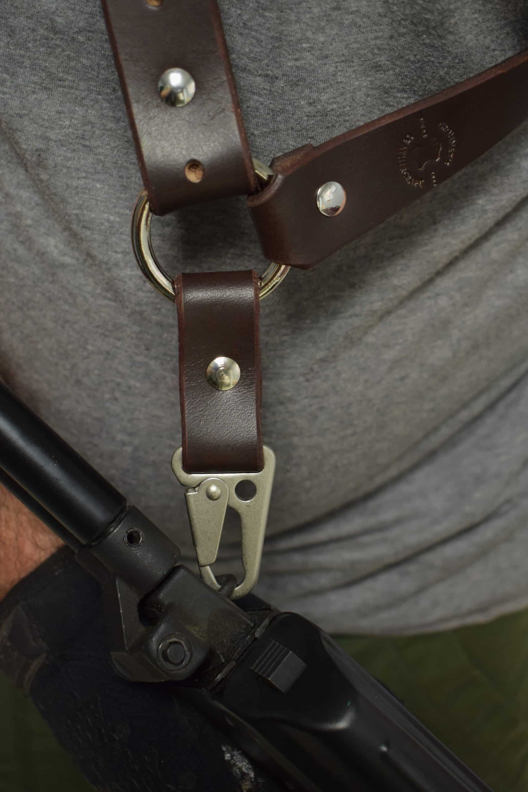 Zoomed in brown sling leather single point sling - Grommet's Leathercraft - renaissance clothing - renaissance art clothing - renaissance era clothing - leathercraft supplies - leathercraft accessories - leathercraft store near me - quality leather craft