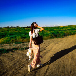 a young woman and her bison tote
