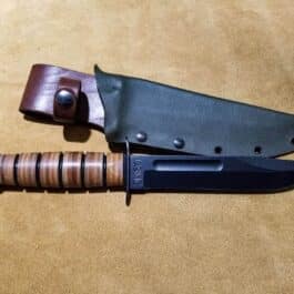 a Kydex sheath for the Ka Bar Fighting Knife on a table.