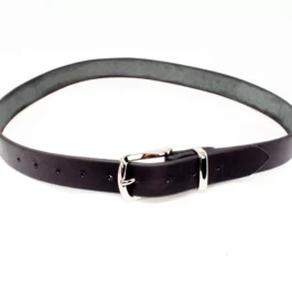 A Handmade Leather Dress Belt with a silver buckle on a white background.