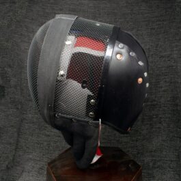 A Riveted Leather Back Of the Head Protection with a red stripe on it.