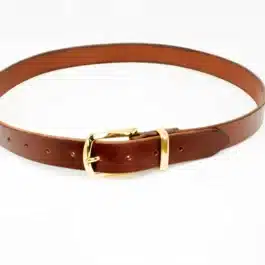 A Handmade Leather Dress Belt with a gold buckle.
