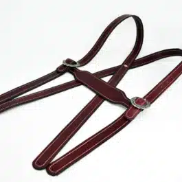 A pair of Handmade Leather Lederhosen Suspenders on a white background.