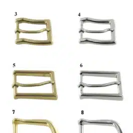 A set of four Handmade Leather Dress Belt buckles in different metal types.