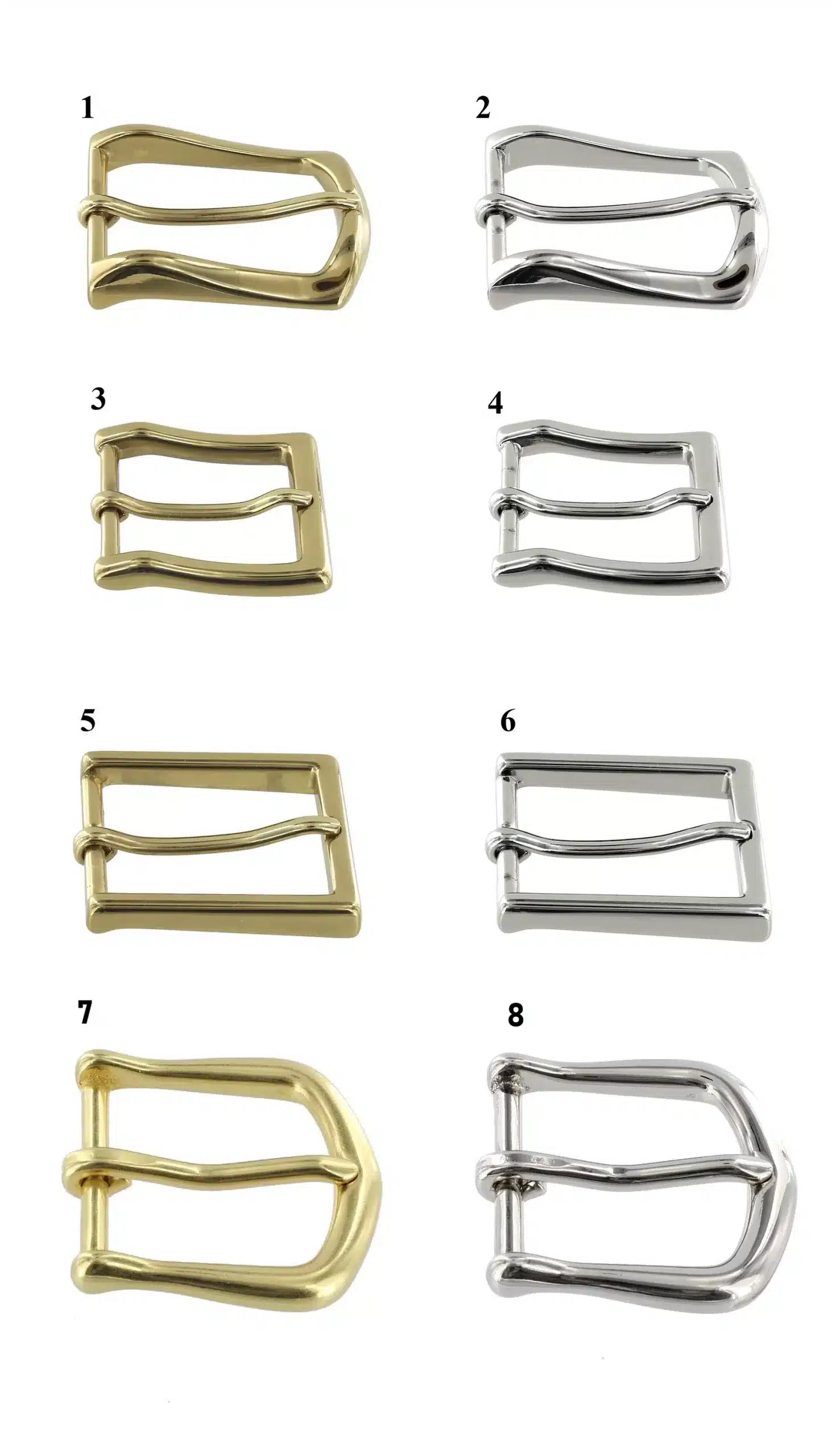 A set of four Handmade Leather Dress Belt buckles in different metal types.