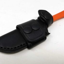 A black Handmade Leather Sheath for the Benchmade Altitude with an orange handle.