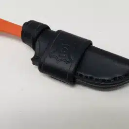 A black Handmade Leather Sheath for the Benchmade Altitude with an orange handle.