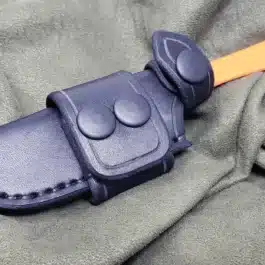 a Handmade Leather Sheath for the Benchmade Altitude on a gray cloth.