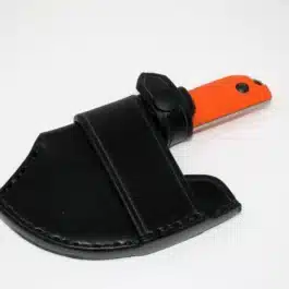 A black Leather Scout Sheath for the Benchmade Nestucca Cleaver with an orange handle.