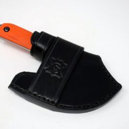 a black Leather Scout Sheath for the Benchmade Nestucca Cleaver with an orange handle.