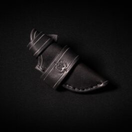 A black Handmade Leather Sheath for the Protech SBR with a metal handle.