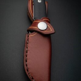 A handmade leather sheath for the Protech SBR with a knife in it.