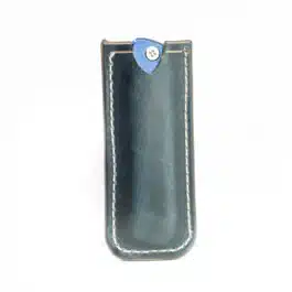 A black Leather Pocket Slip for the Medford Gentleman Jack with a blue handle.