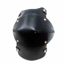 a black Leather Knee Armor with gold studs on it.