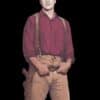A painting of a man wearing custom suspenders and a red shirt.