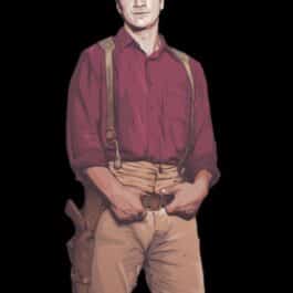 A painting of a man wearing custom suspenders and a red shirt.