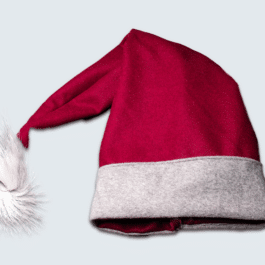 a red and grey Fleece Hooded Cloak with a white feather.