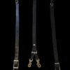A pair of Custom Lumberjack Suspenders with black leather and brass hardware.