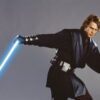 A man in a custom Jedi Pouches costume holding a lightsaber.