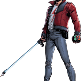 A man in a Custom Jacket holding a sword.