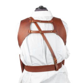 A brown Leather Short Cuirass on a mannequin.