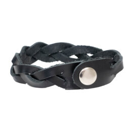 A braided leather bracelet with a metal button.