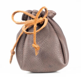 a gray Leather Dice Pouch with a knot tied around it.