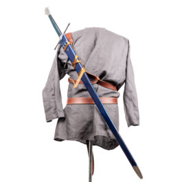A Legend Back Harness costume with a sword on a stand.