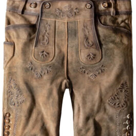 A close up of Custom Lederhosen Suspenders on a white background.