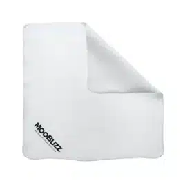 a MooBuzz Horsehair Shine Brush with a black logo on it.