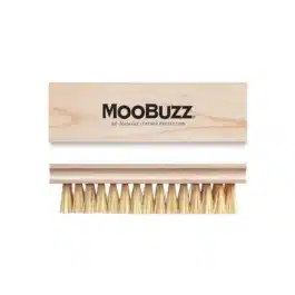 A MooBuzz Horsehair Shine Brush with the word moobuzzz on it.