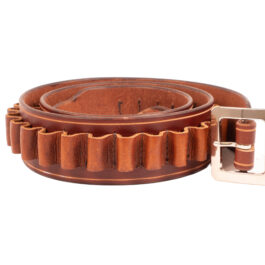 a light brown leather belt with bullet loops on a white background