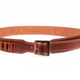 a light brown leather belt with bullet loops on a white background